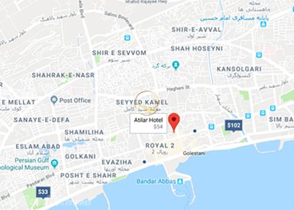 نمای سالن بام آتیلار هتل آتیلار بندرعباس روی نقشه