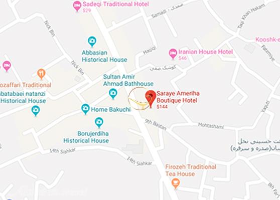 نمای سالن آمفی تئاتر هتل سرای عامری‌ ها کاشان روی نقشه