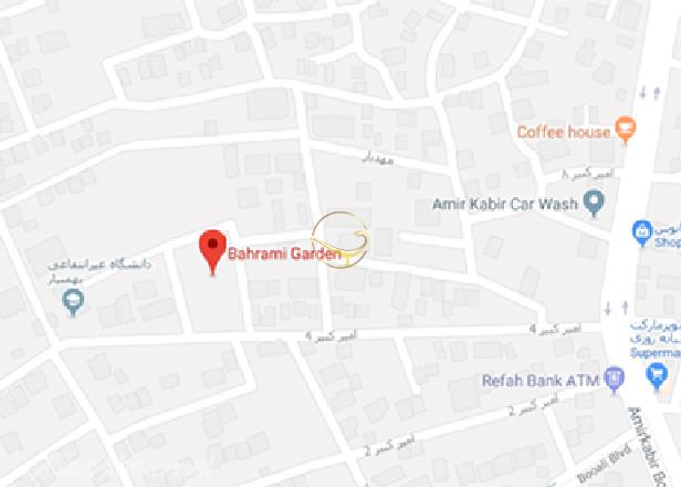 نمای سالن تشریفات سالن بالا باغ بهرامی کرمان روی نقشه