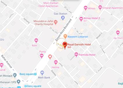 نمای سالن آینه هتل مجلل درویشی مشهد روی نقشه