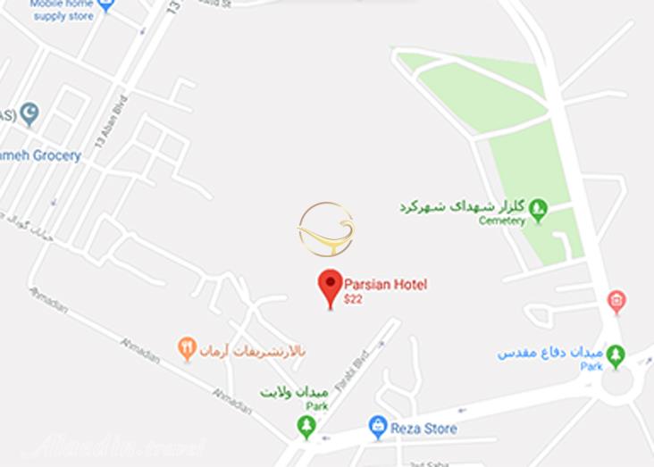 نمای تالار کوه نور هتل پارسیان آزادی شهرکرد روی نقشه