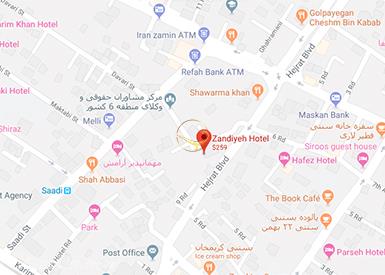 نمای سالن بوستان هتل زندیه شیراز روی نقشه